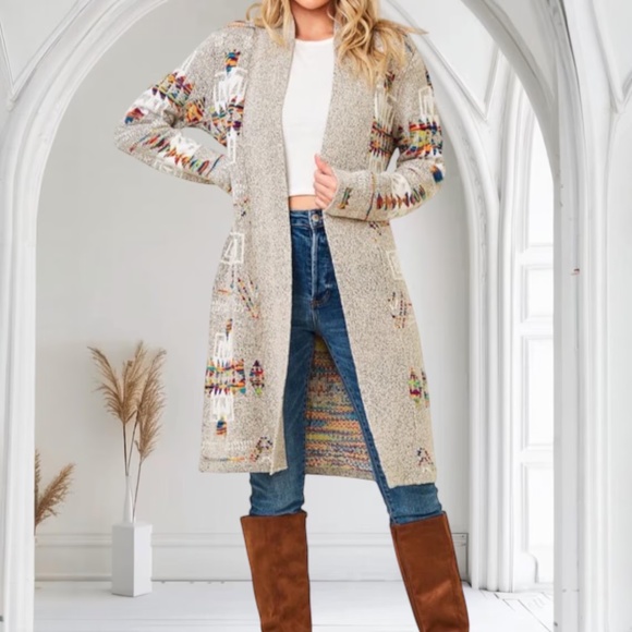 Oatmeal Rainbow Multi Colored Aztec Tribal Jacquard Open Knit Cardigan - Picture 1 of 3